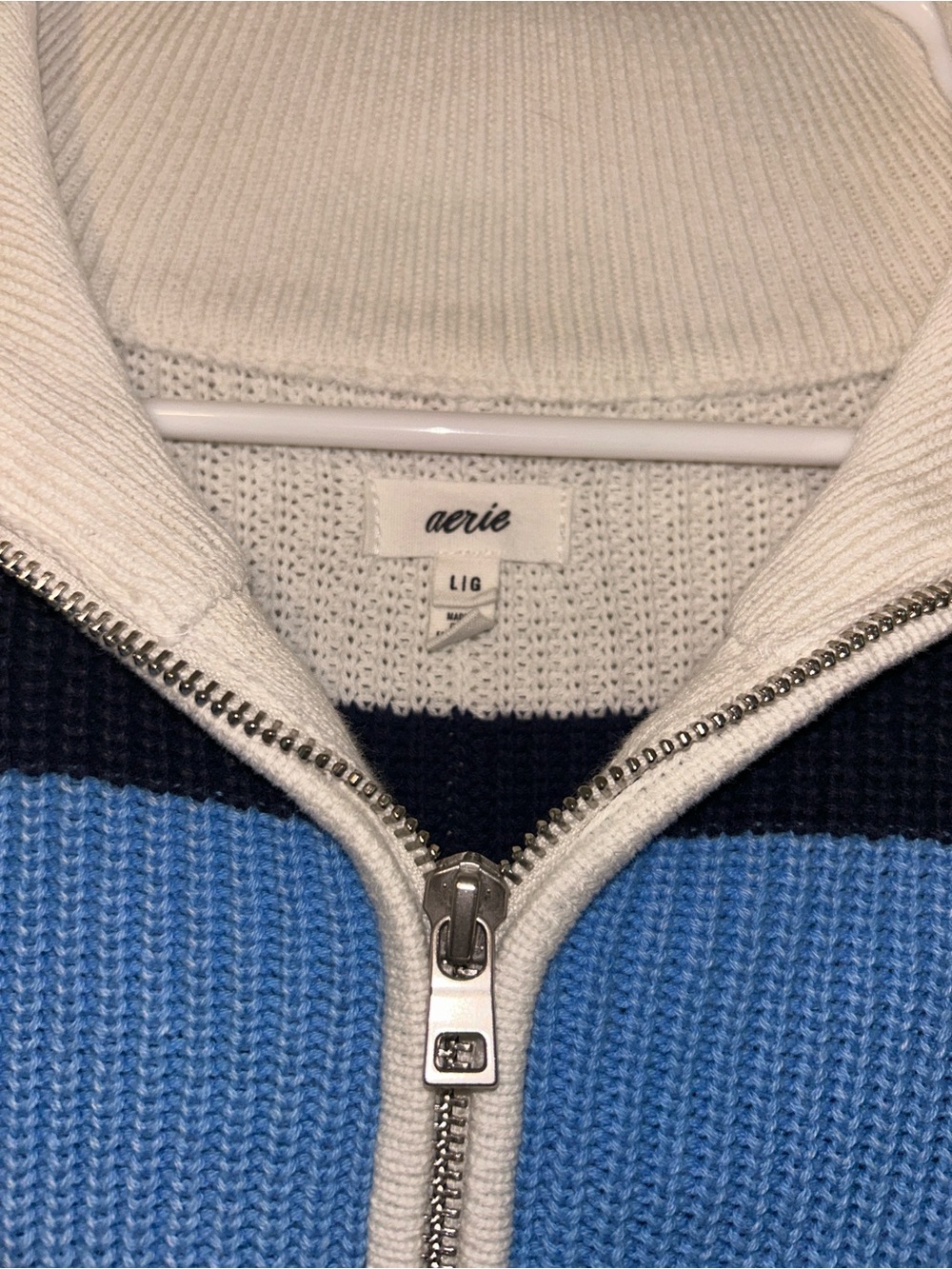 aerie women's Striped Half-Zip Sweater in White, Navy & Light Blue - Picture 2 of 3